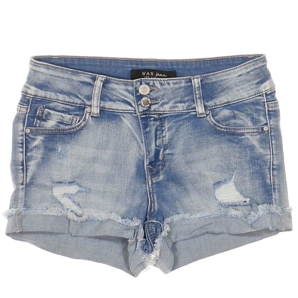 Wax Jean Shorts Size S W27 Womens Acid Wash Blue Cuff Distressed Denim Stretch